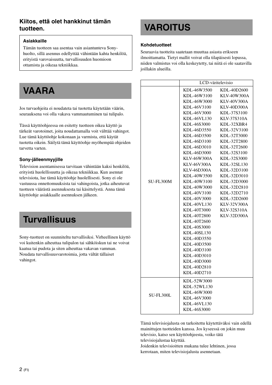 Vaara, Turvallisuus, Varoitus | Vaara turvallisuus varoitus | Sony SU-FL300L User Manual | Page 88 / 292