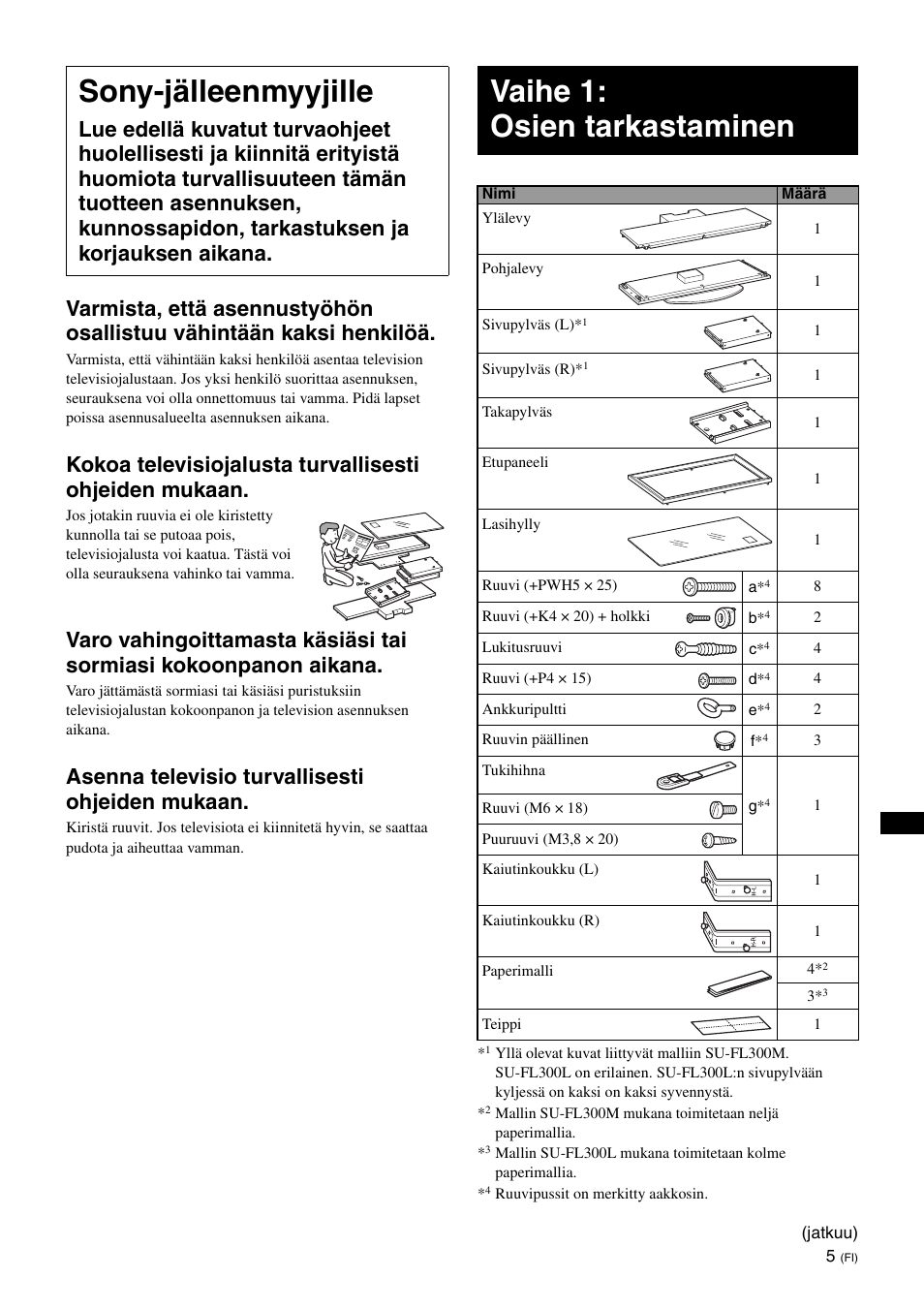 Sony-jälleenmyyjille, Vaihe 1: osien tarkastaminen, Asenna televisio turvallisesti ohjeiden mukaan | Sony SU-FL300L User Manual | Page 91 / 292