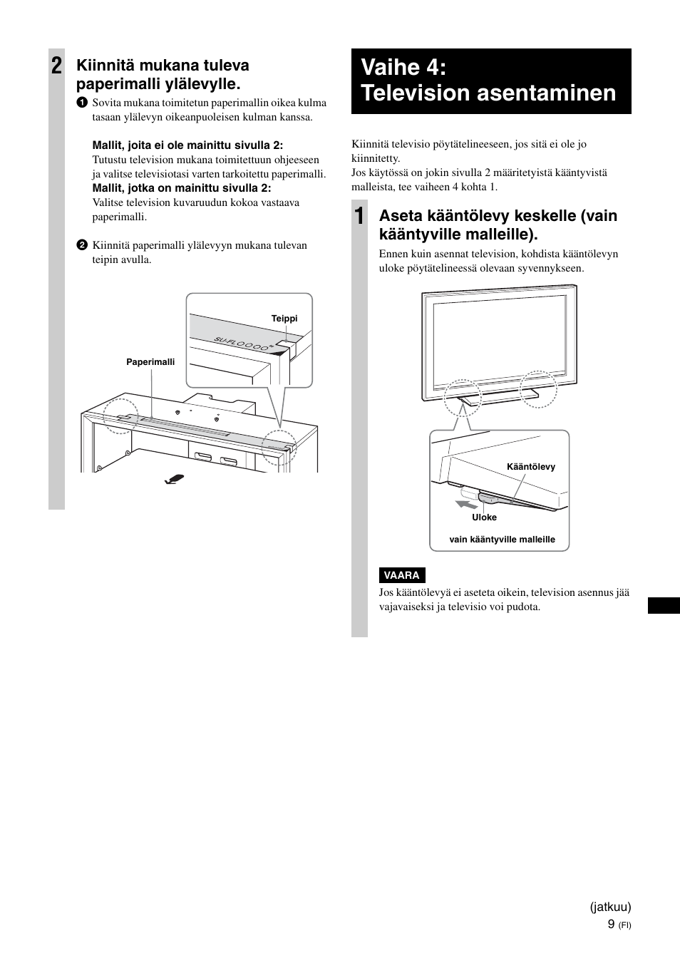 Vaihe 4: television asentaminen, Vaihe 4: television asentaminen 1, Kiinnitä mukana tuleva paperimalli ylälevylle | Sony SU-FL300L User Manual | Page 95 / 292