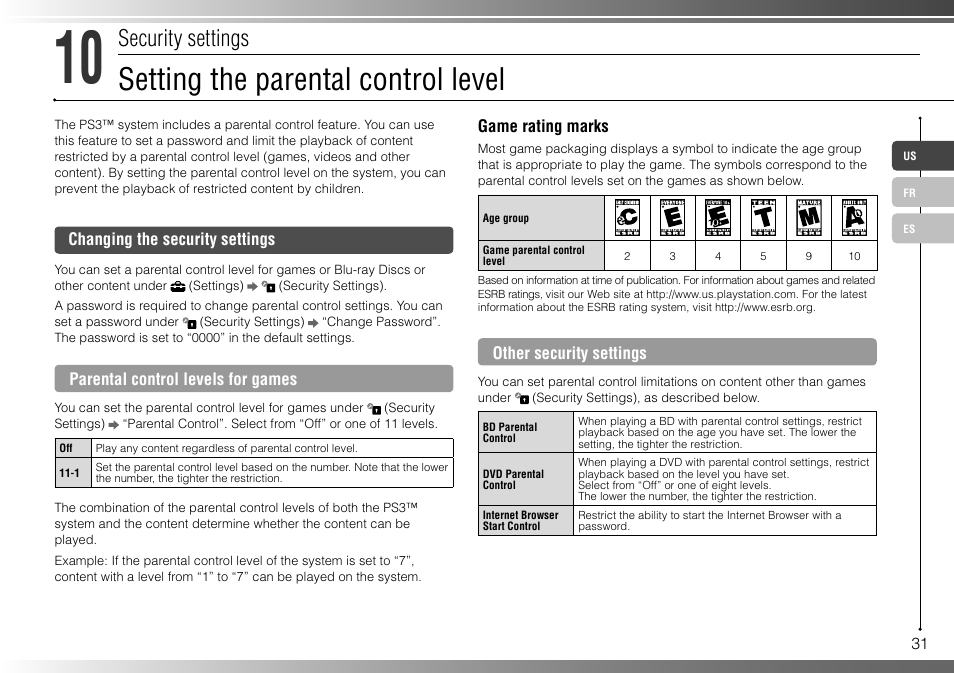 Setting the parental control level, Security settings | Sony 80GB Playstation 3 4-107-608-11 User Manual | Page 31 / 100