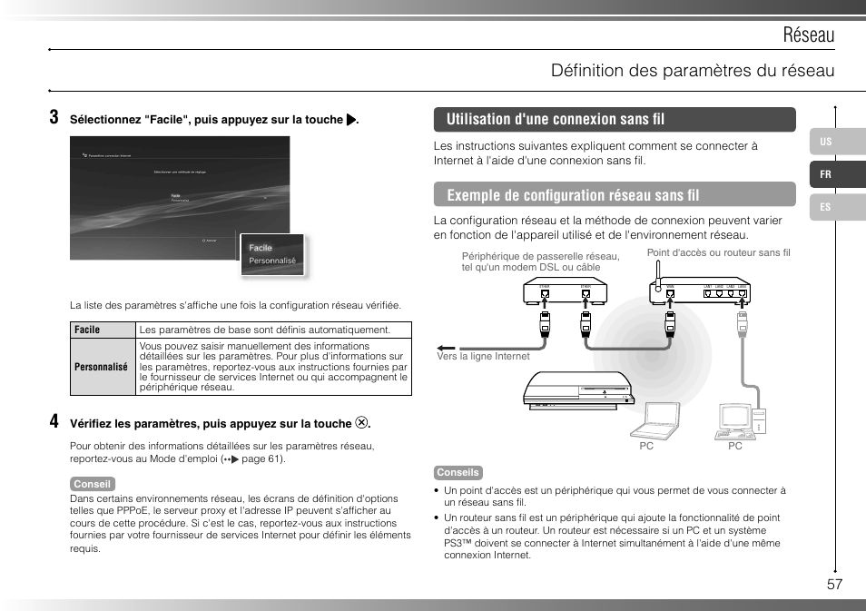 Réseau, Défi nition des paramètres du réseau, Utilisation d'une connexion sans fi l | Exemple de confi guration réseau sans fi l | Sony 80GB Playstation 3 4-107-608-11 User Manual | Page 57 / 100