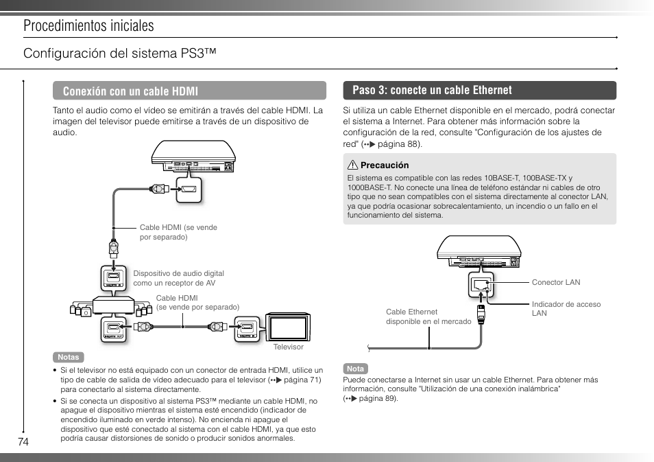 Procedimientos iniciales, Confi guración del sistema ps3, Conexión con un cable hdmi | Paso 3: conecte un cable ethernet | Sony 80GB Playstation 3 4-107-608-11 User Manual | Page 74 / 100