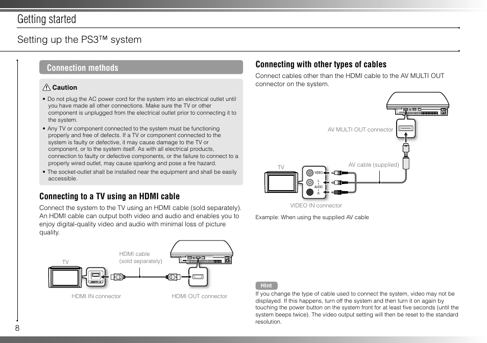 Getting started, Setting up the ps3™ system, Connection methods | Connecting to a tv using an hdmi cable, Connecting with other types of cables | Sony 80GB Playstation 3 4-107-608-11 User Manual | Page 8 / 100