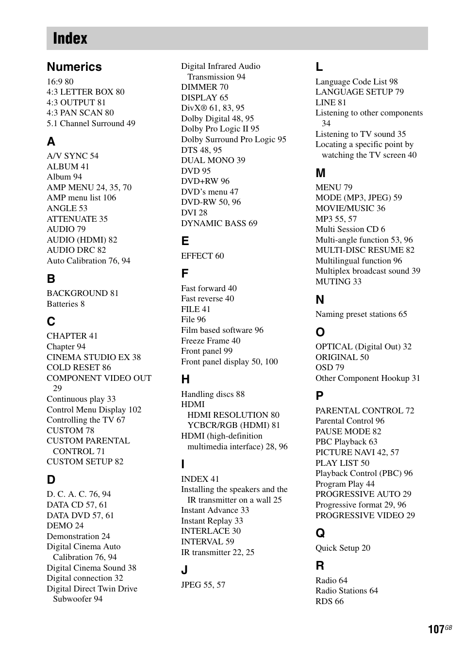 Index, Numerics | Sony DAV-DZ810W User Manual | Page 107 / 112
