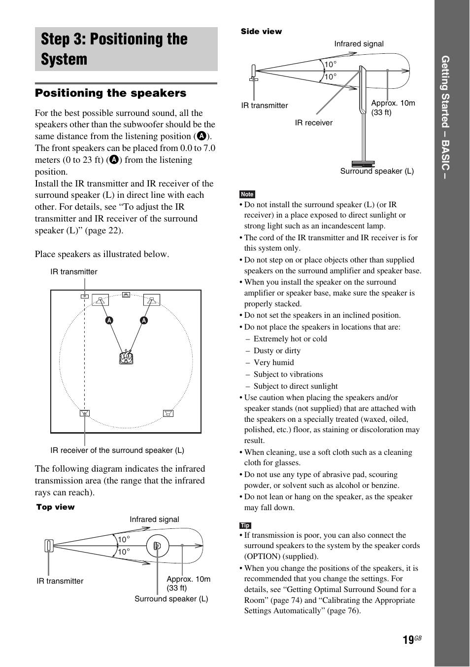 Step 3: positioning the system, Positioning the speakers | Sony DAV-DZ810W User Manual | Page 19 / 112
