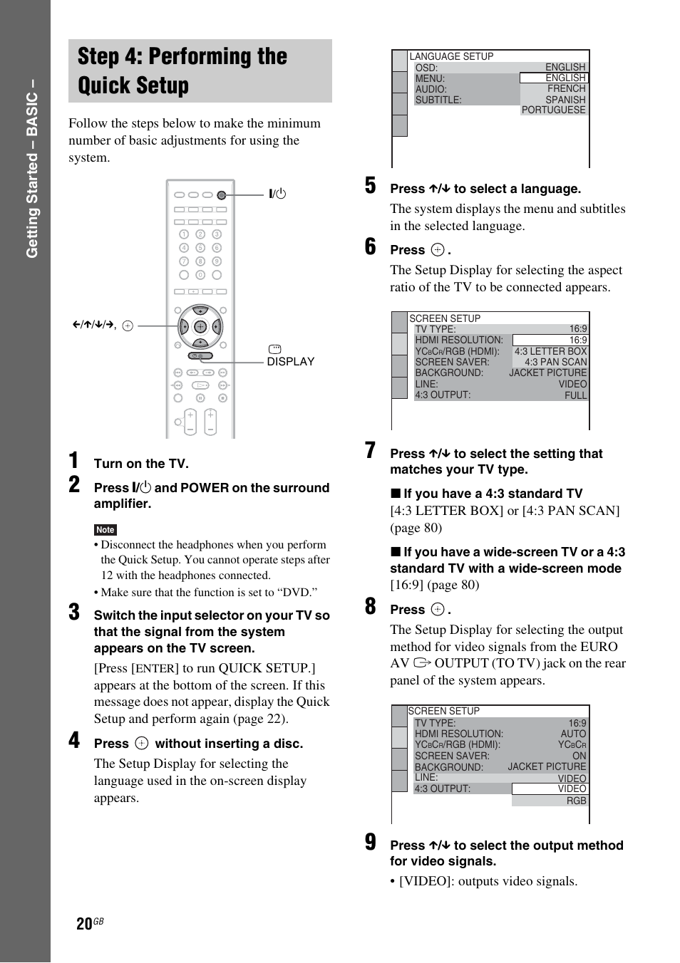 Step 4: performing the quick setup, Step 4: performing the quick, Setup | Sony DAV-DZ810W User Manual | Page 20 / 112