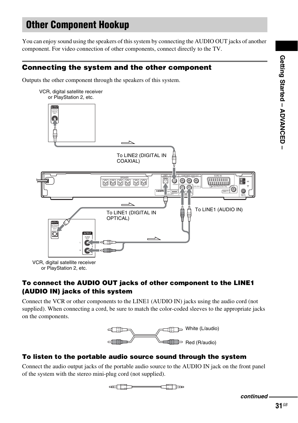 Other component hookup, Connecting the system and the other component, Getting star ted – ad v anced | Continued | Sony DAV-DZ810W User Manual | Page 31 / 112