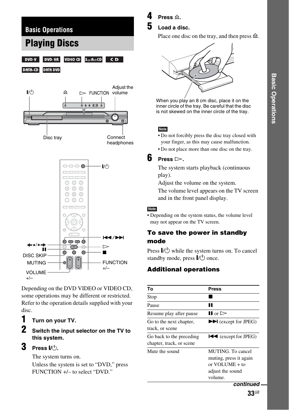 Basic operations, Playing discs | Sony DAV-DZ810W User Manual | Page 33 / 112