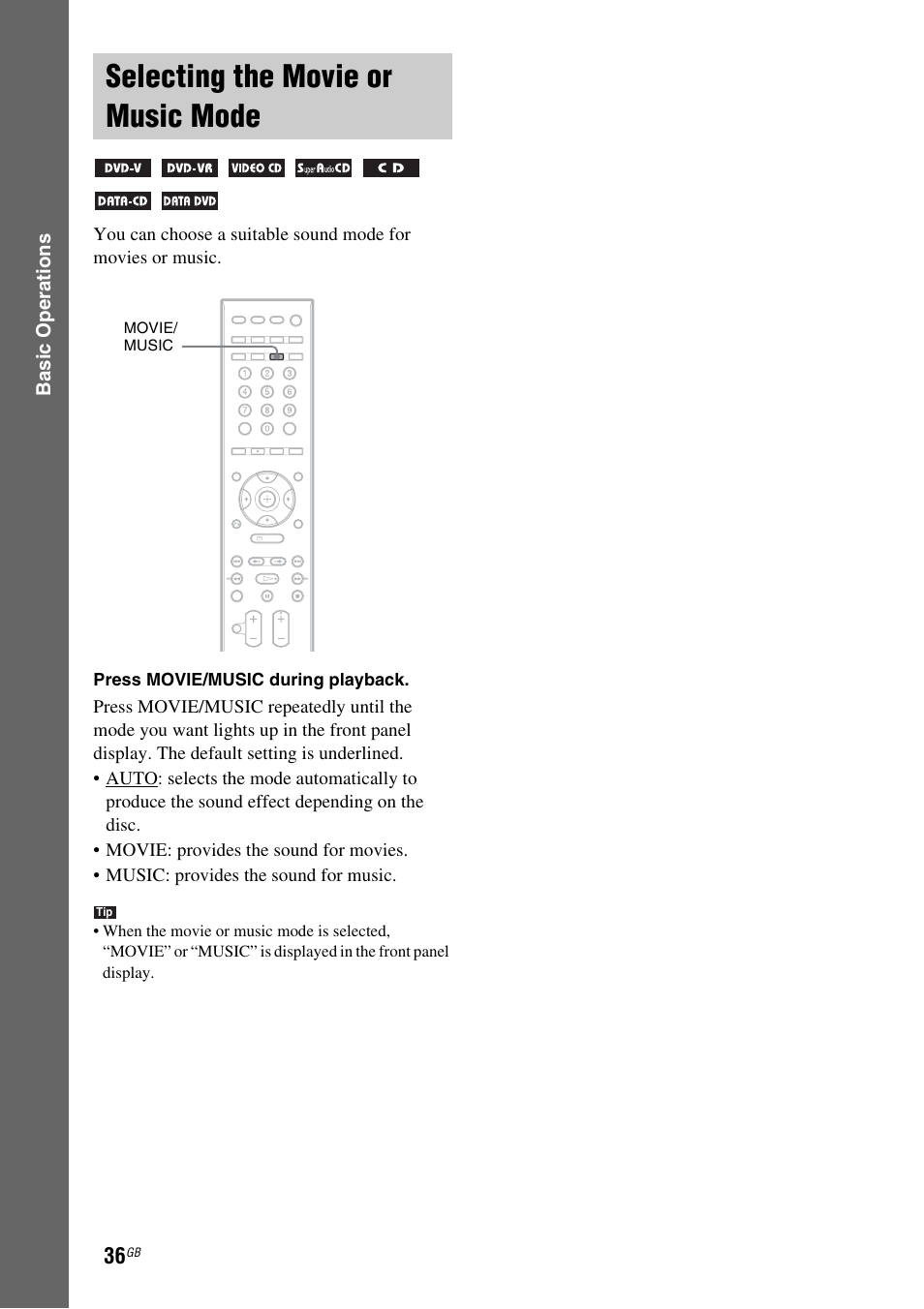Selecting the movie or music mode, Selecting the movie or music, Mode | Sony DAV-DZ810W User Manual | Page 36 / 112