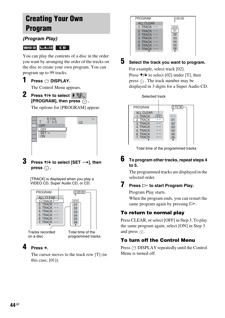 Creating your own program, Program play) | Sony DAV-DZ810W User Manual | Page 44 / 112