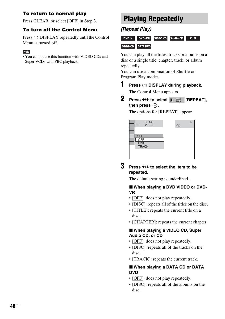 Playing repeatedly, Repeat play) | Sony DAV-DZ810W User Manual | Page 46 / 112