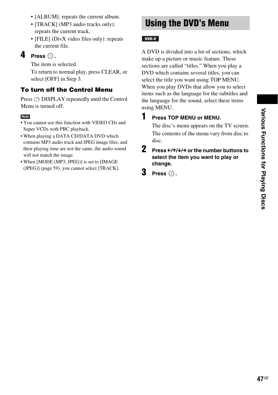 Using the dvd’s menu | Sony DAV-DZ810W User Manual | Page 47 / 112