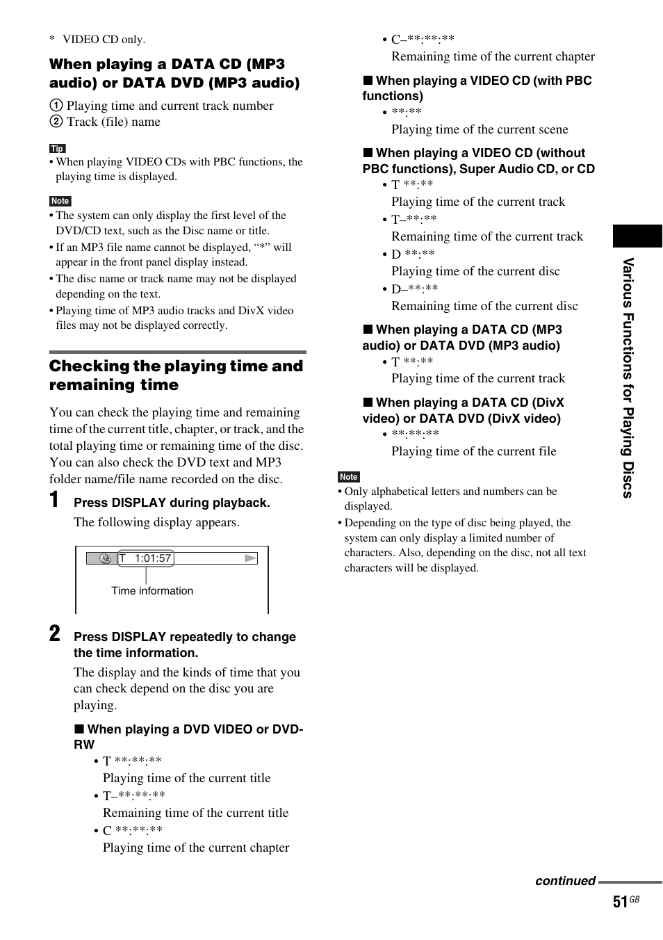 Checking the playing time and remaining time | Sony DAV-DZ810W User Manual | Page 51 / 112