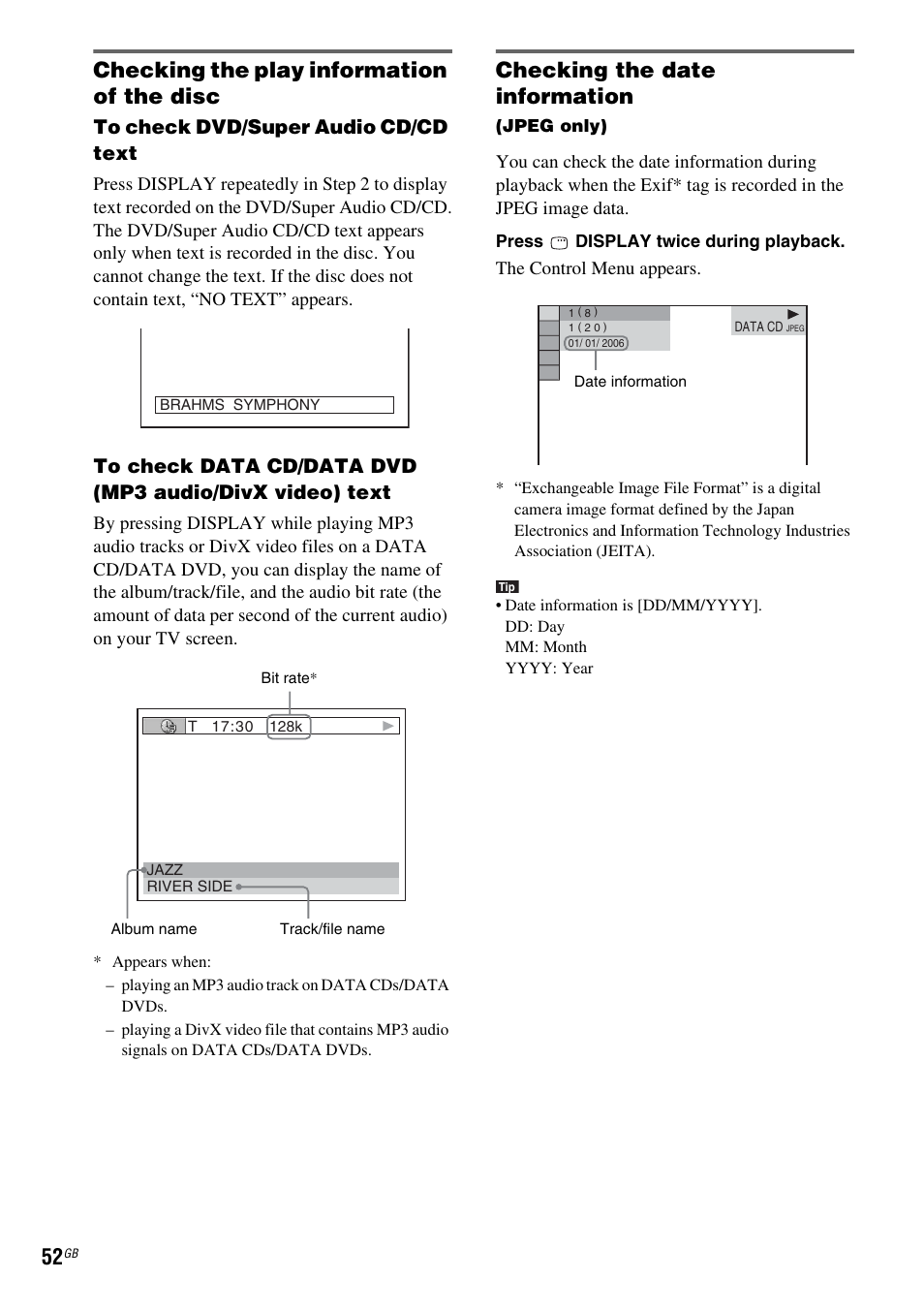 Checking the play information of the disc, Checking the date information | Sony DAV-DZ810W User Manual | Page 52 / 112