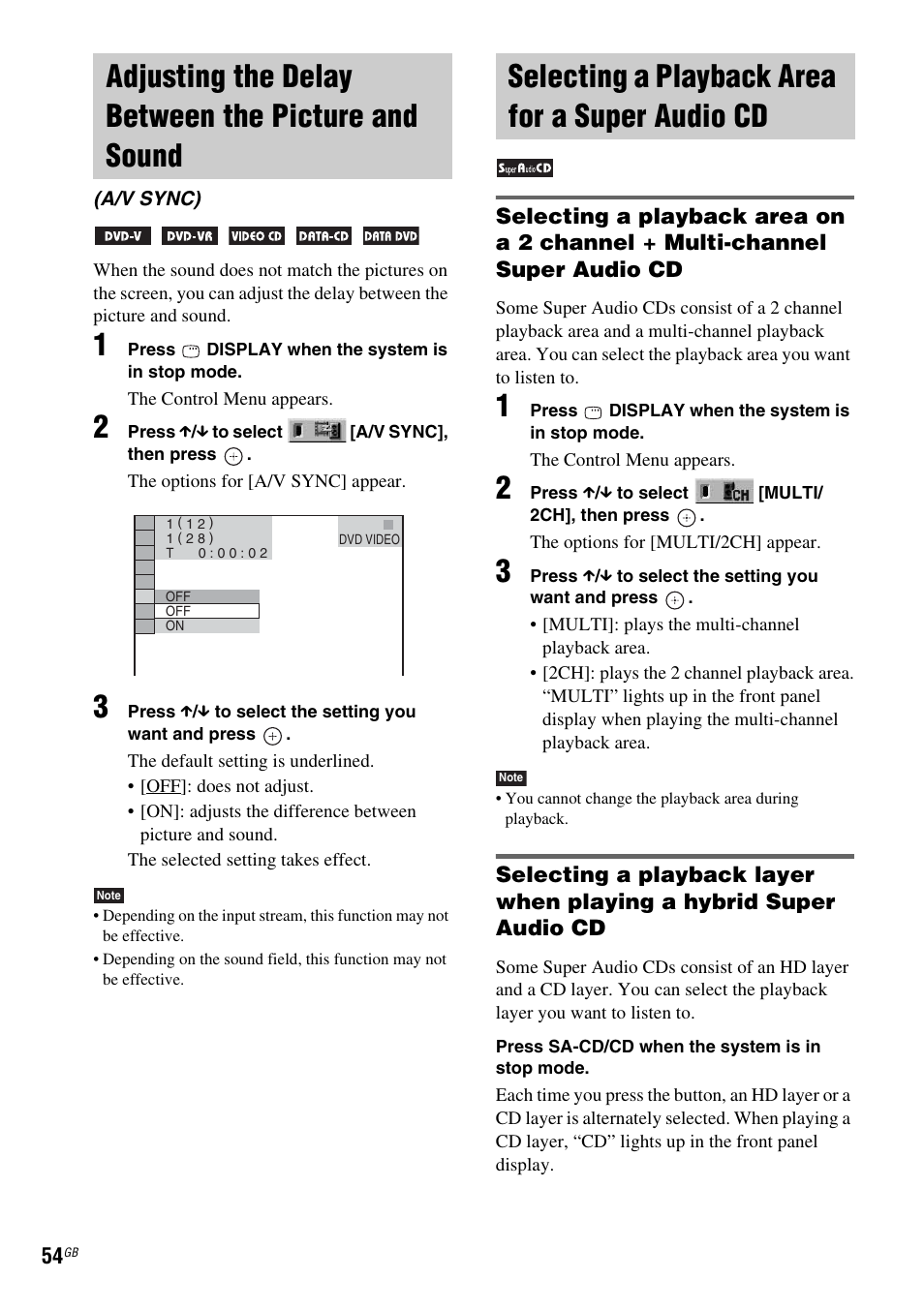 Adjusting the delay between the picture and sound, Selecting a playback area for a super audio cd, Adjusting the delay between the picture | And sound (a/v sync), Selecting a playback area for a super, Audio cd | Sony DAV-DZ810W User Manual | Page 54 / 112