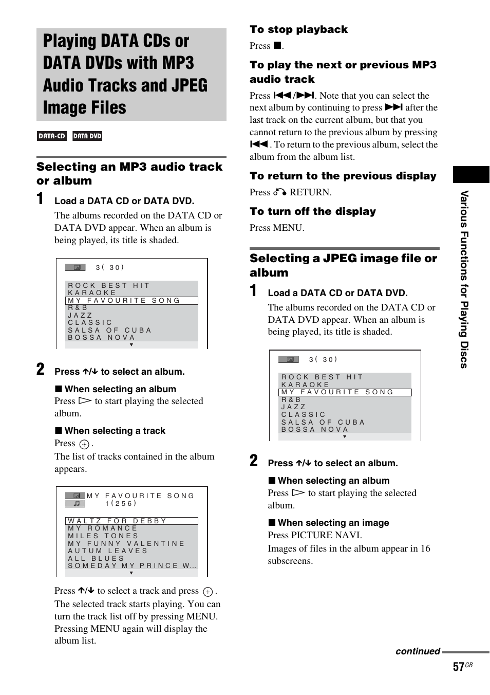 Selecting an mp3 audio track or album, Selecting a jpeg image file or album, Playing data cds or data dvds with | Mp3 audio tracks and jpeg image files | Sony DAV-DZ810W User Manual | Page 57 / 112