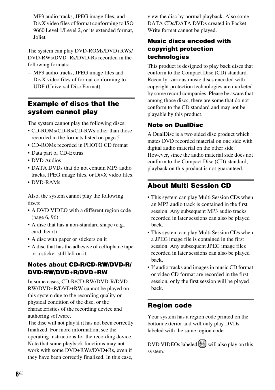 Example of discs that the system cannot play, About multi session cd, Region code | Sony DAV-DZ810W User Manual | Page 6 / 112