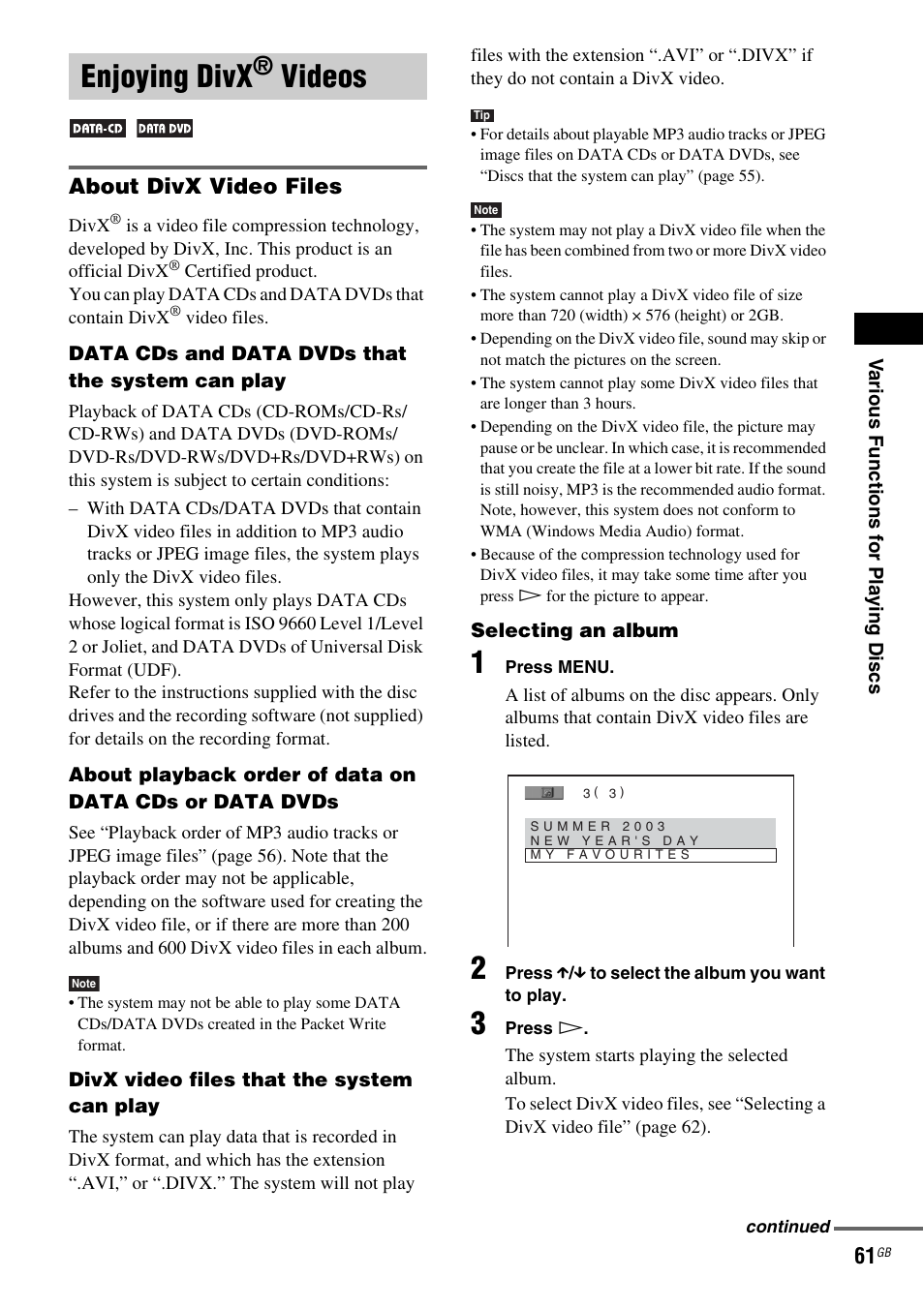 Enjoying divx® videos, About divx video files, Enjoying divx | Videos | Sony DAV-DZ810W User Manual | Page 61 / 112