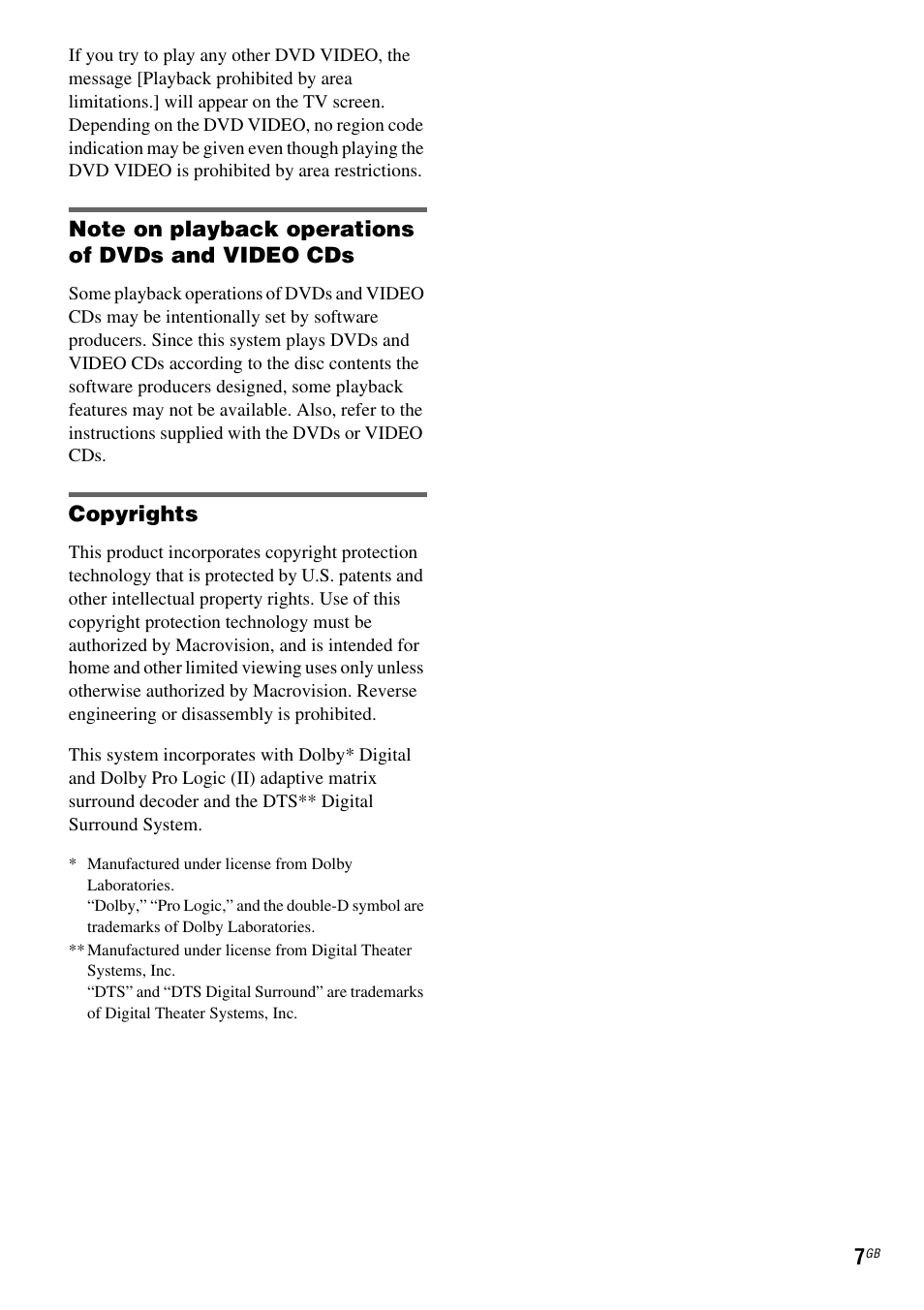 Note on playback operations of dvds and video cds, Copyrights | Sony DAV-DZ810W User Manual | Page 7 / 112