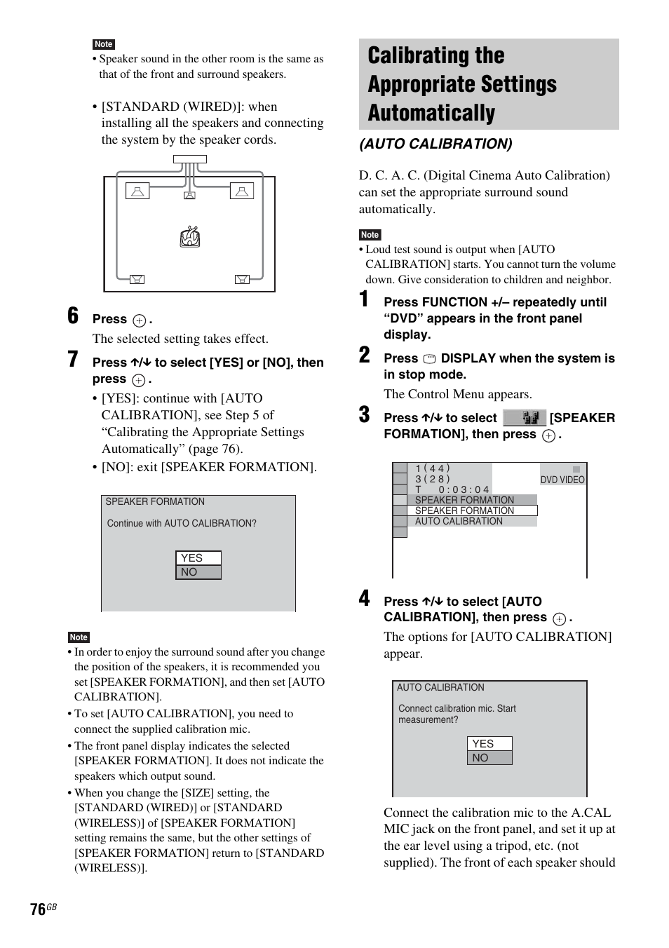 Calibrating the appropriate settings automatically, Calibrating the appropriate settings, Automatically (auto calibration) | Sony DAV-DZ810W User Manual | Page 76 / 112