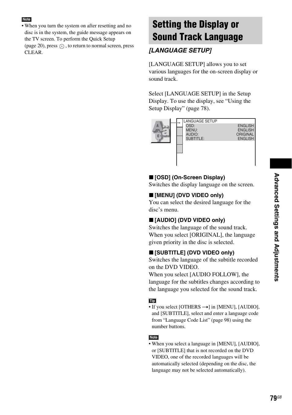 Setting the display or sound track language, Setting the display or sound track, Language [language setup | Sony DAV-DZ810W User Manual | Page 79 / 112