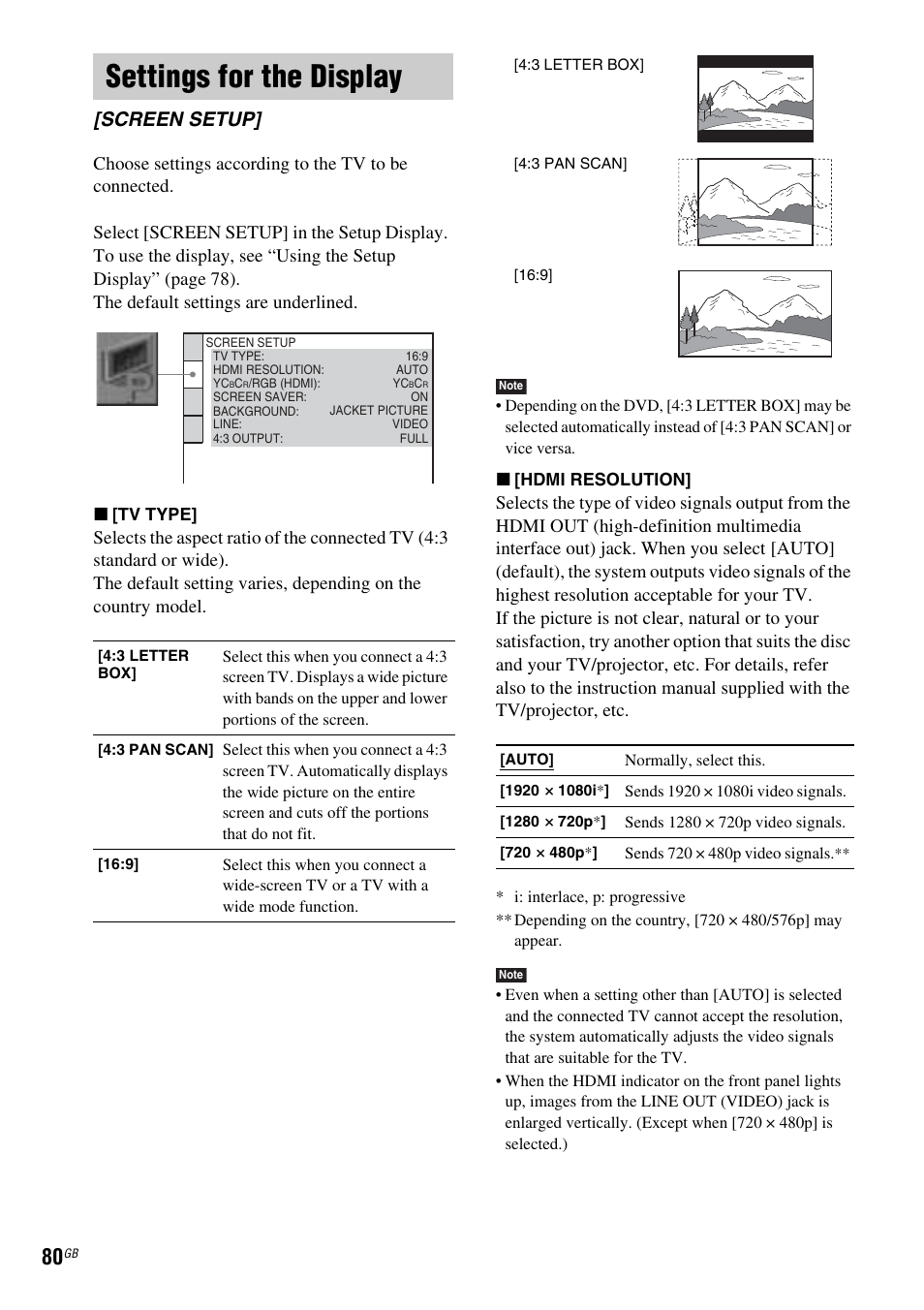 Settings for the display, Screen setup | Sony DAV-DZ810W User Manual | Page 80 / 112