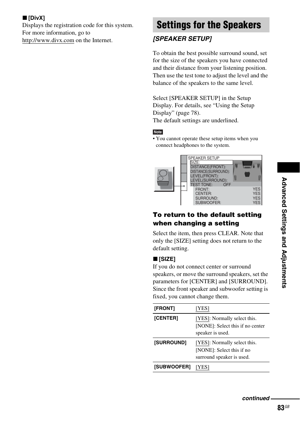 Settings for the speakers, Speaker setup | Sony DAV-DZ810W User Manual | Page 83 / 112