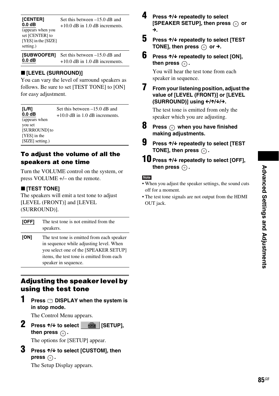 Adjusting the speaker level by using the test tone | Sony DAV-DZ810W User Manual | Page 85 / 112
