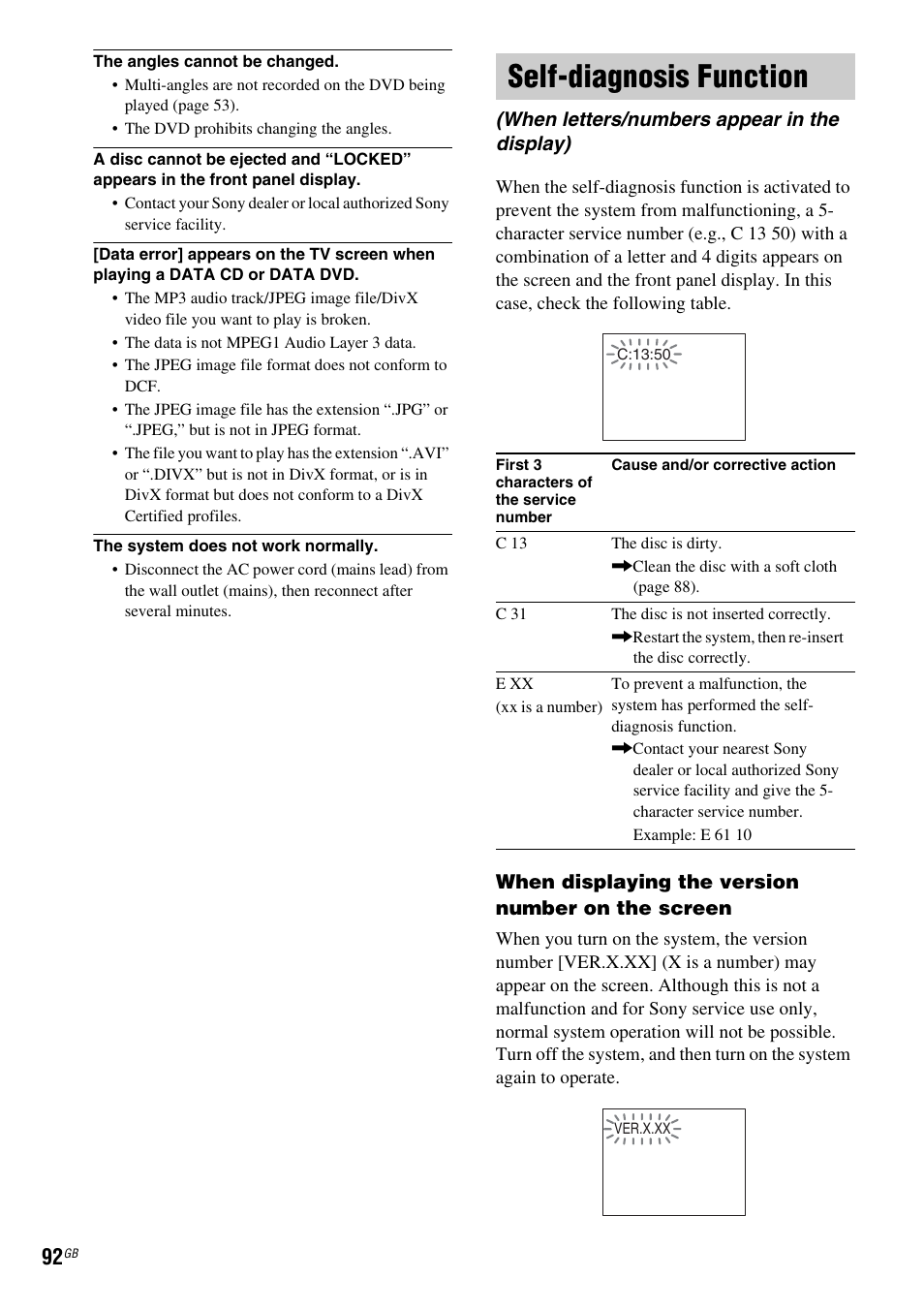 Self-diagnosis function, When letters/numbers appear in the display) | Sony DAV-DZ810W User Manual | Page 92 / 112