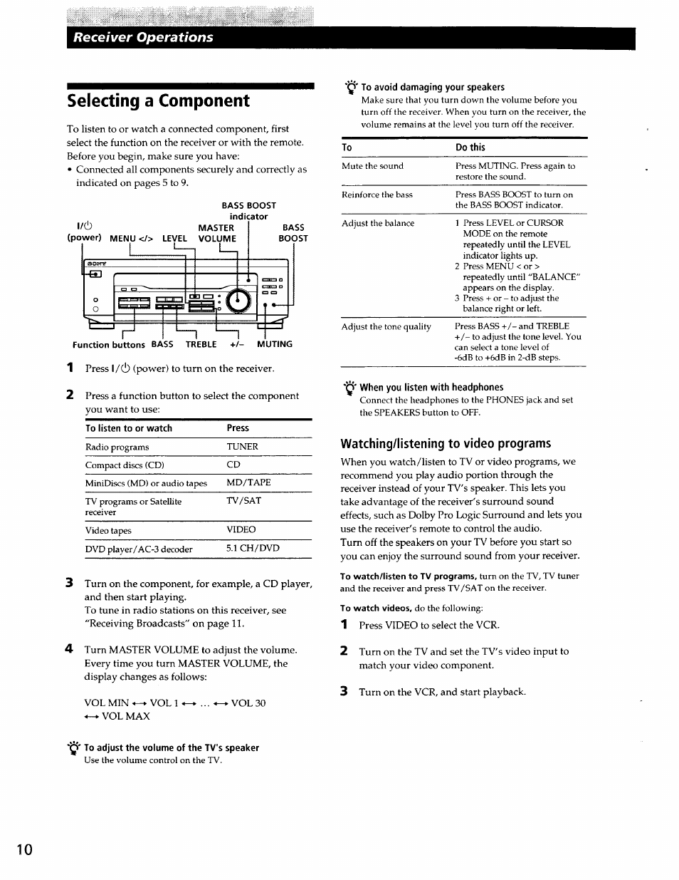 Selecting a component, Watching/listening to video programs, To adjust the volume of the tv's speaker | Receiver operations | Sony STR-DE345 User Manual | Page 10 / 24