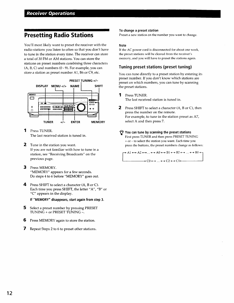 Presetting radio stations, To change a preset station, Tuning preset stations (preset tuning) | You can tune by scanning the preset stations, Receiver operations | Sony STR-DE345 User Manual | Page 12 / 24