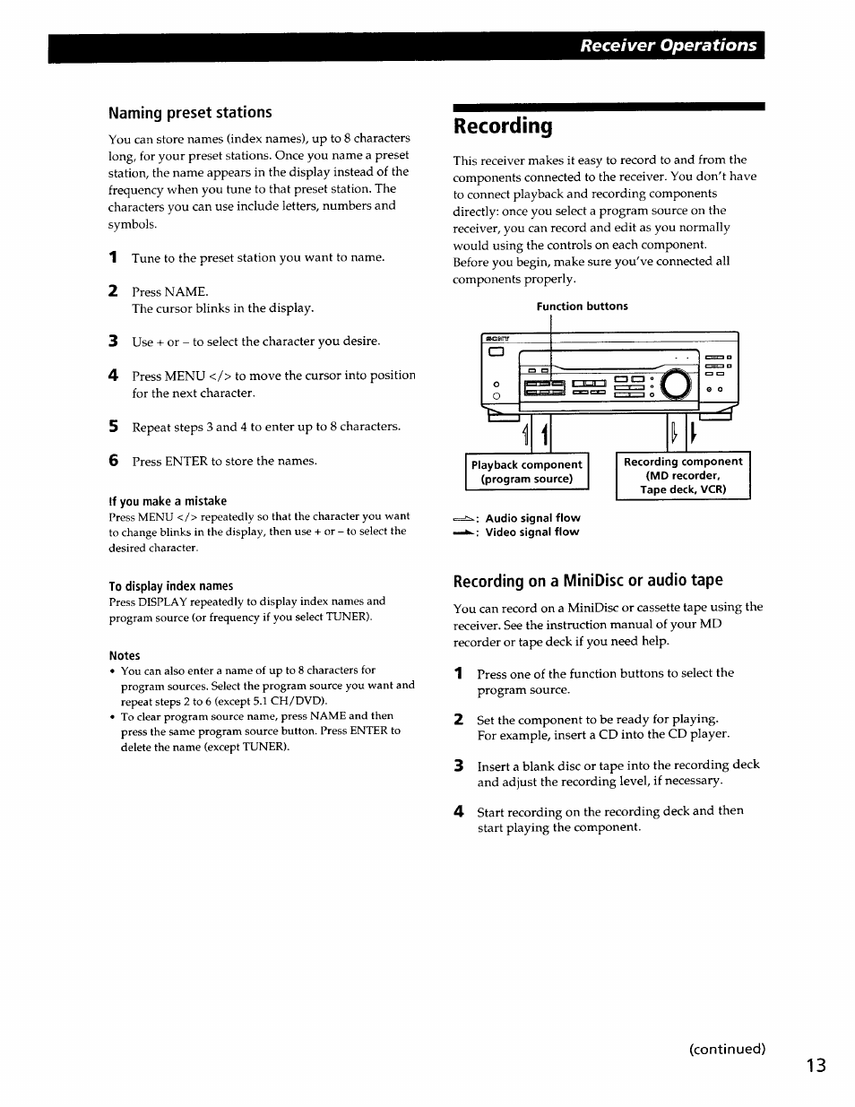 Naming preset stations, Recording, Recording on a minidisc or audio tape | Receiver operations | Sony STR-DE345 User Manual | Page 13 / 24