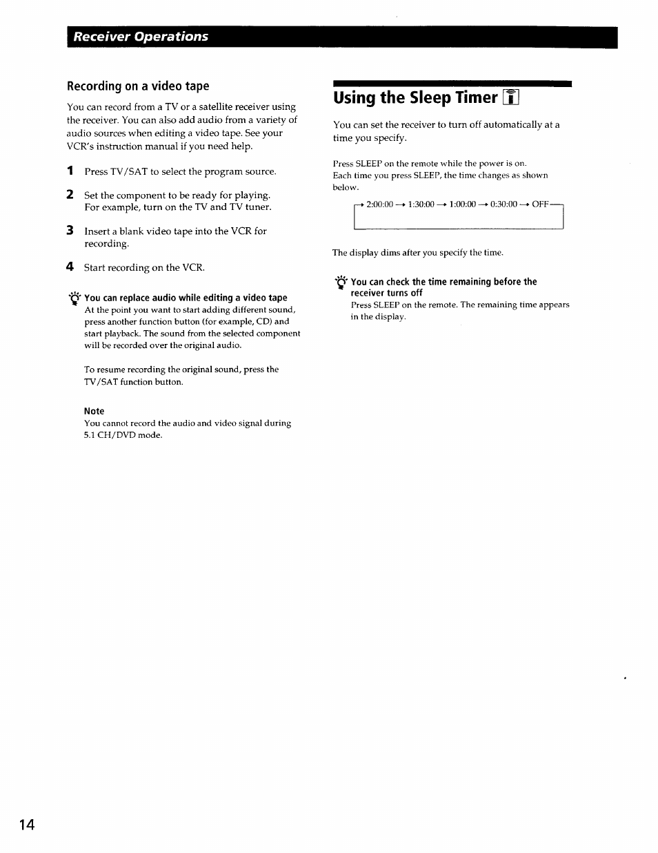 Recording on a video tape, Using the sleep timer [t, Receiver operations | Sony STR-DE345 User Manual | Page 14 / 24