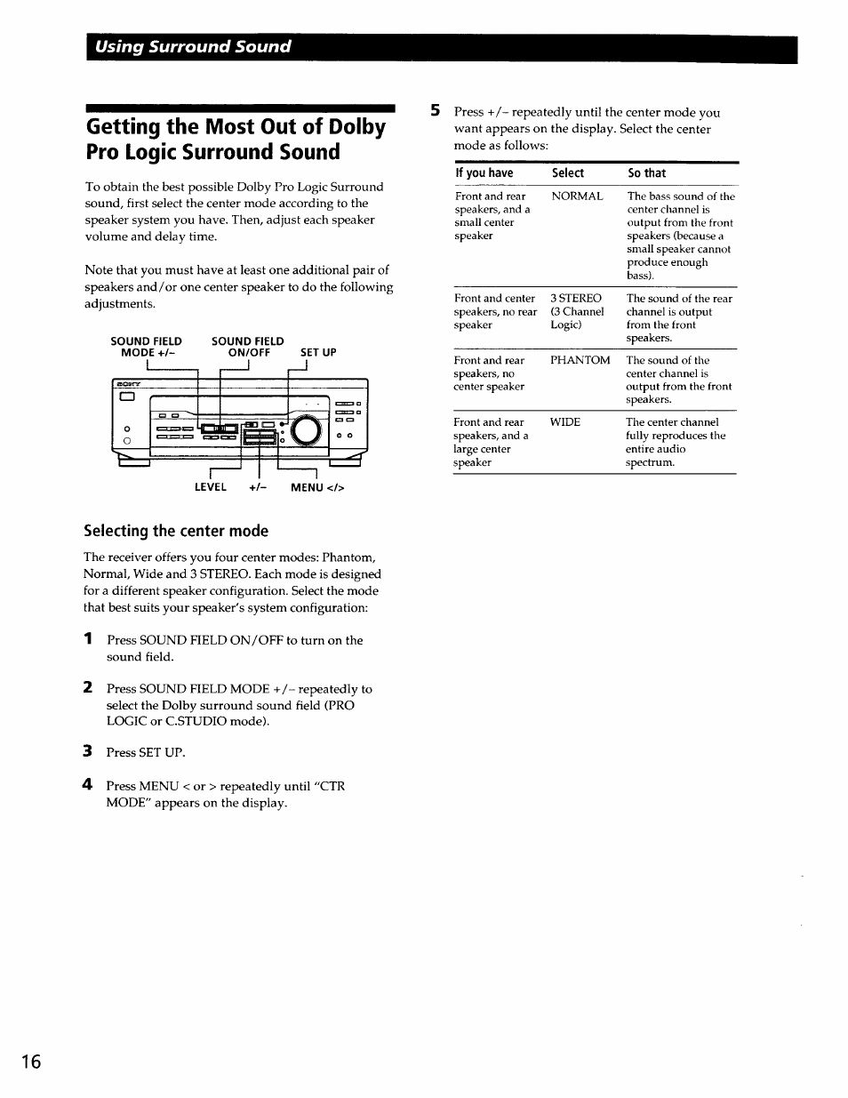 Selecting the center mode, Using surround sound | Sony STR-DE345 User Manual | Page 16 / 24