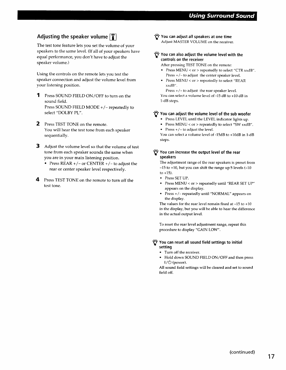 Adjusting the speaker volume, Using surround sound | Sony STR-DE345 User Manual | Page 17 / 24