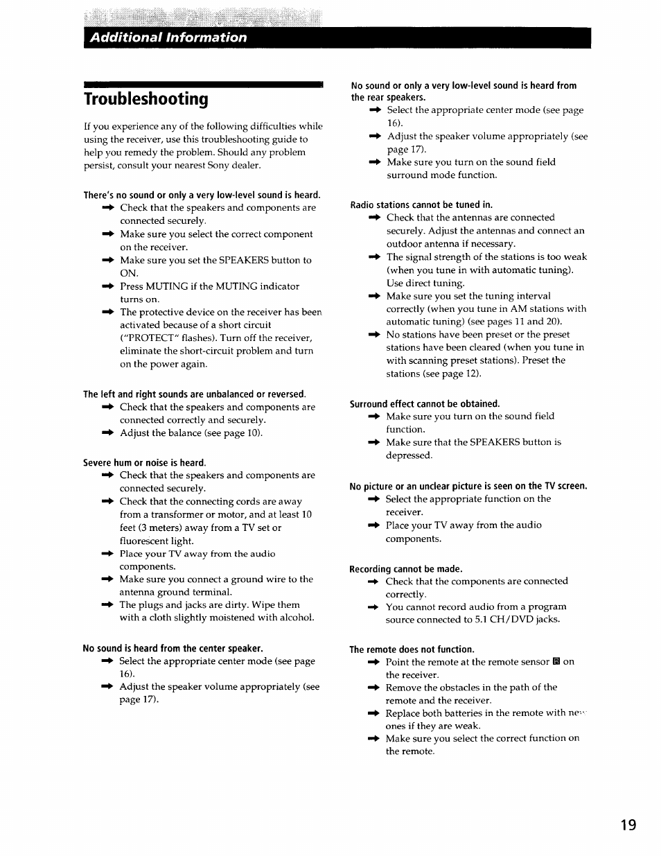 Troubleshooting, Severe hum or noise is heard, Radio stations cannot be tuned in | Surround effect cannot be obtained, Recording cannot be made, No sound is heard from the center speaker, The remote does not function, Additional information | Sony STR-DE345 User Manual | Page 19 / 24