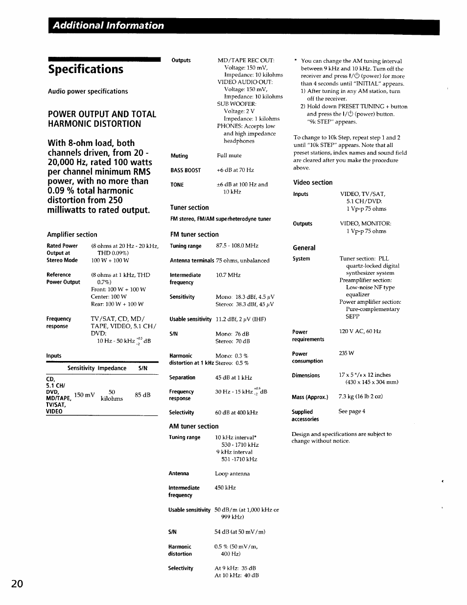 Specifications, Audio power specifications, Amplifier section | Additional information | Sony STR-DE345 User Manual | Page 20 / 24