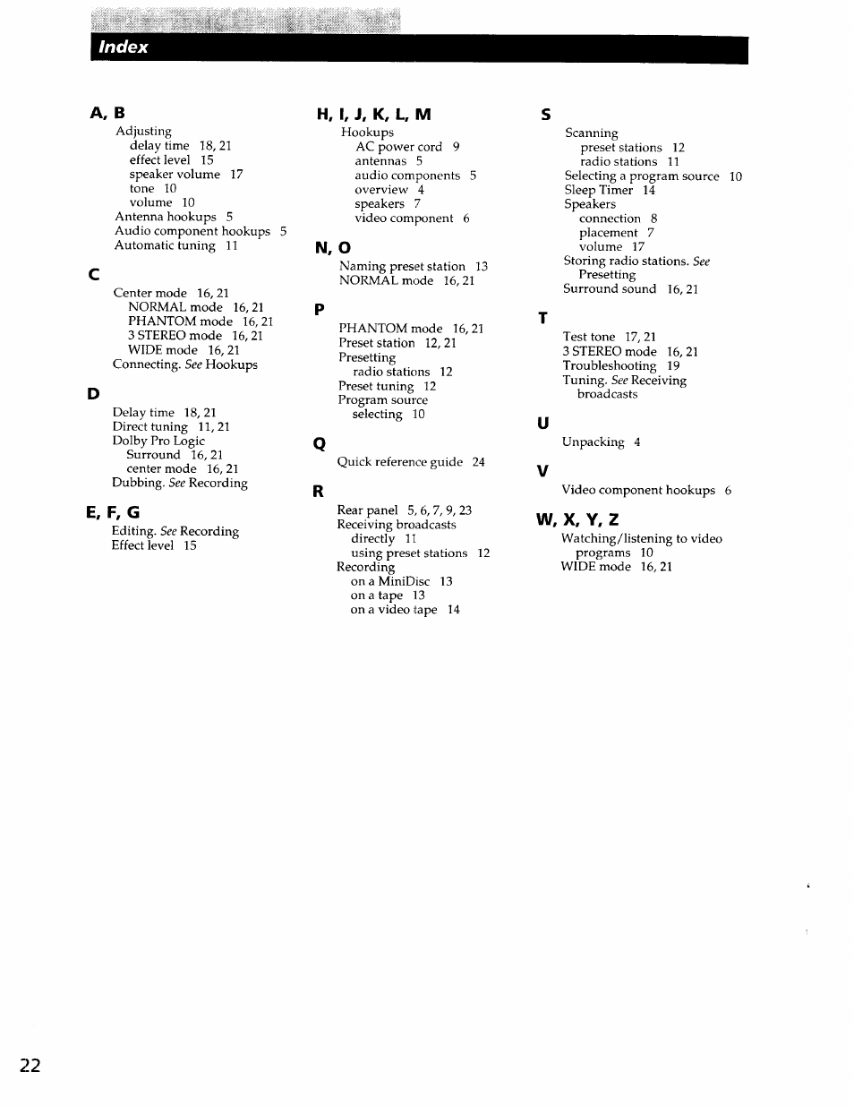 A, b, E, f, g, H, i, j, k, l, m | N, o, Index, W, x, y, z | Sony STR-DE345 User Manual | Page 22 / 24