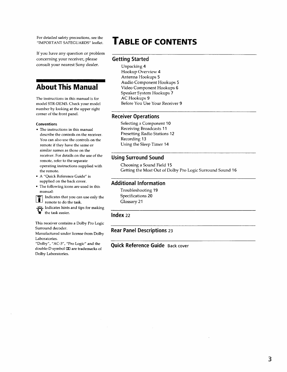 Sony STR-DE345 User Manual | Page 3 / 24