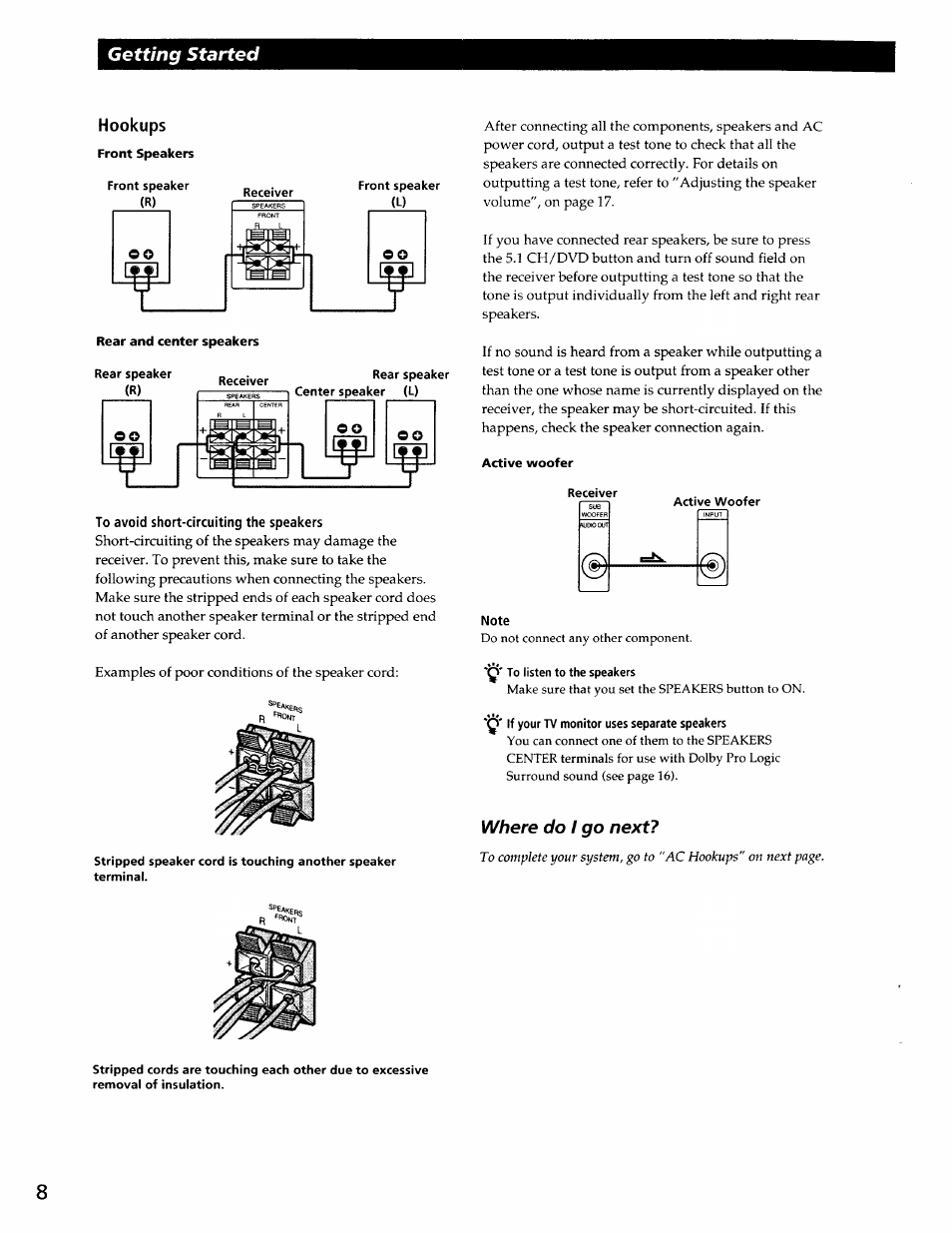 Hookups, To avoid short-circuiting the speakers, Note | Getting started, Where do i go next | Sony STR-DE345 User Manual | Page 8 / 24