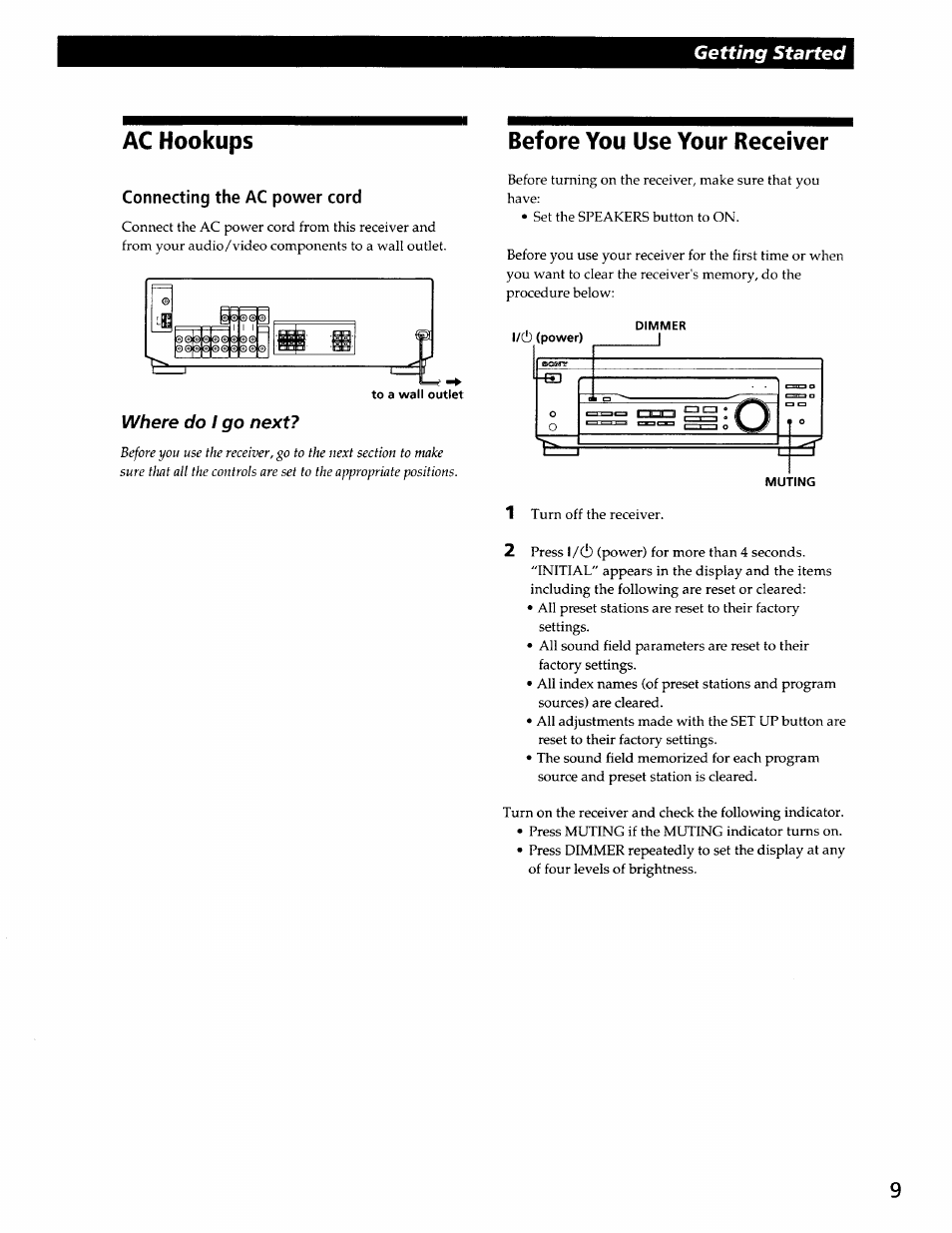 Ac hookups, Connecting the ac power cord, Before you use your receiver | Getting started, Where do / go next | Sony STR-DE345 User Manual | Page 9 / 24