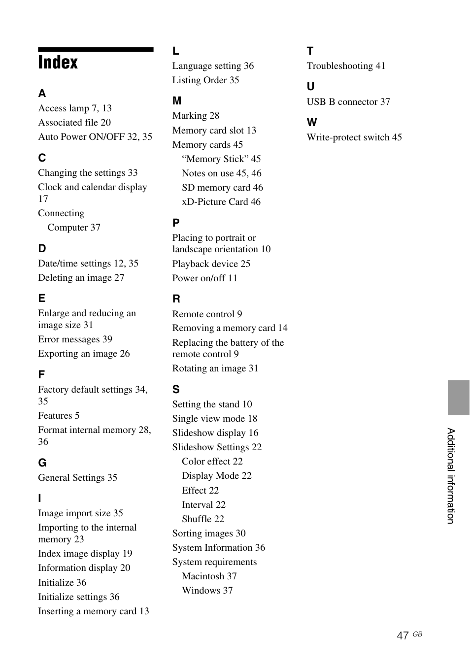 Index, Additional information | Sony DPF-X85 User Manual | Page 47 / 48