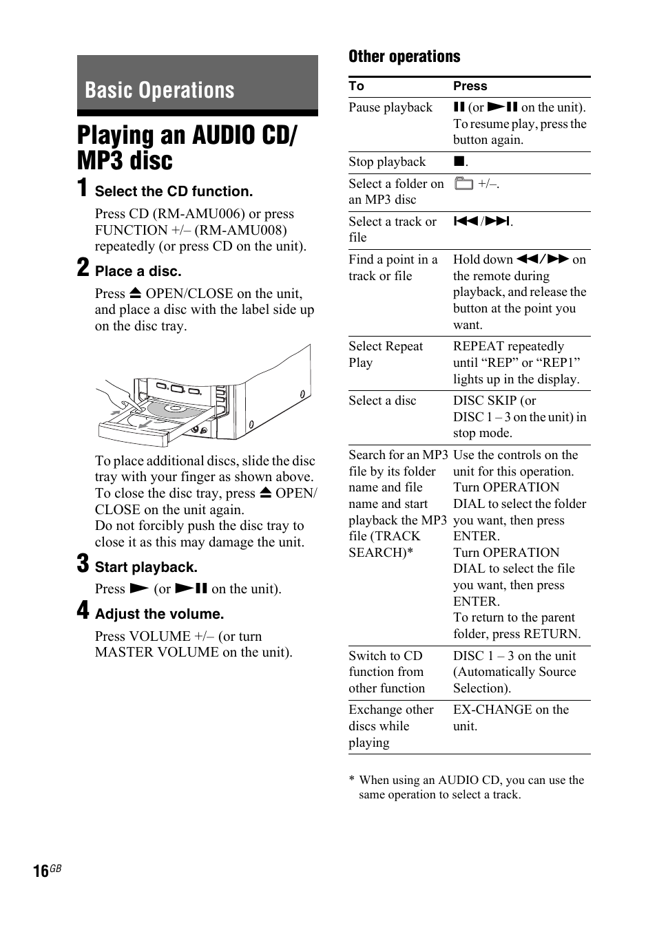 Basic operations, Playing an audio cd/ mp3 disc, Playing an audio cd/mp3 | Disc, Playing an audio cd/ mp3 disc 1 | Sony 3-287-077-14(2) User Manual | Page 16 / 48