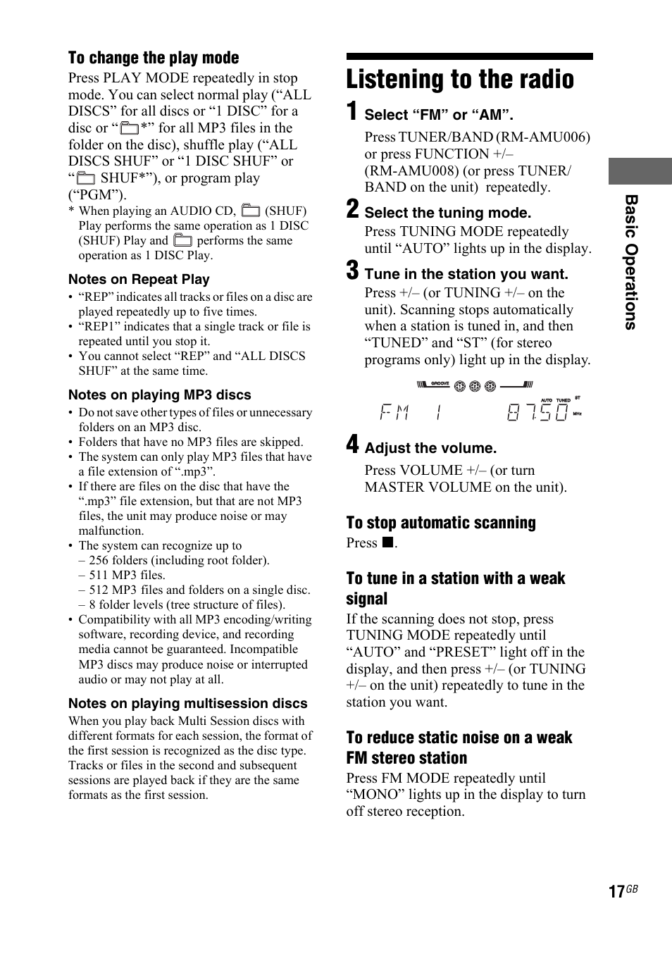Listening to the radio, Listening to the radio 1, Ba si c op er a tio ns to change the play mode | Sony 3-287-077-14(2) User Manual | Page 17 / 48