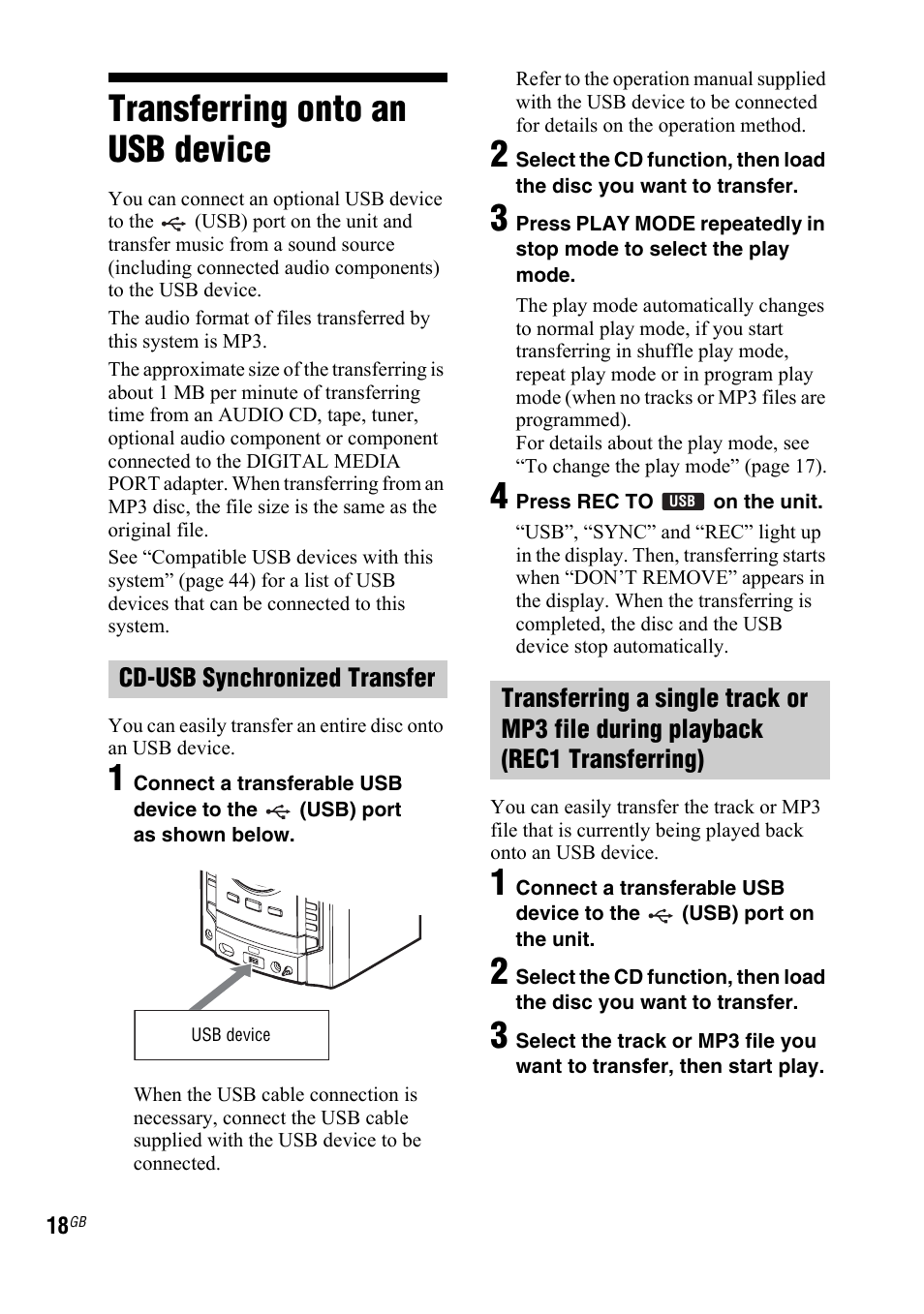 Transferring onto an usb device, Transferring onto an usb, Device | Sony 3-287-077-14(2) User Manual | Page 18 / 48