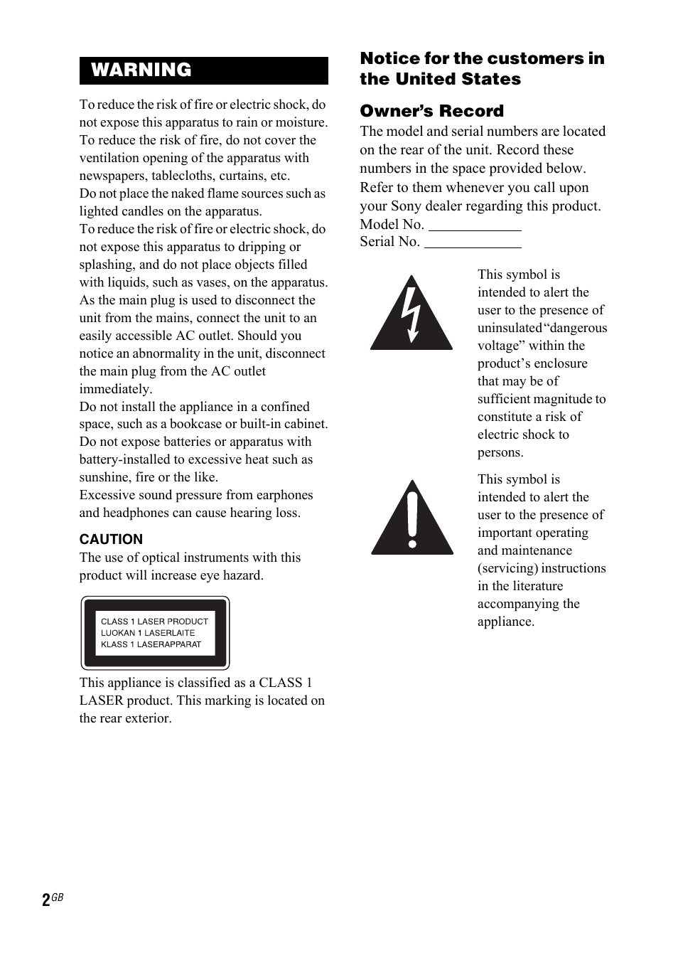 Warning | Sony 3-287-077-14(2) User Manual | Page 2 / 48