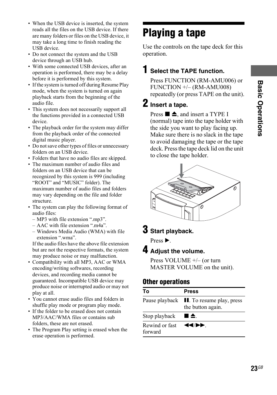 Playing a tape | Sony 3-287-077-14(2) User Manual | Page 23 / 48