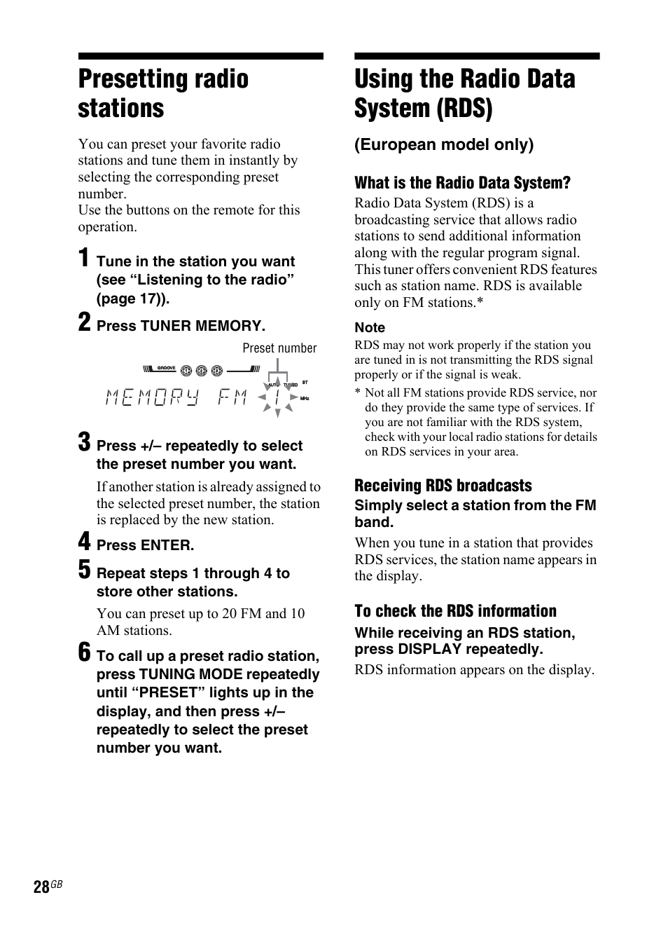 Presetting radio stations, Using the radio data system (rds), European model only) | Rds) (european model only), European model only) what is the radio data system, Receiving rds broadcasts | Sony 3-287-077-14(2) User Manual | Page 28 / 48