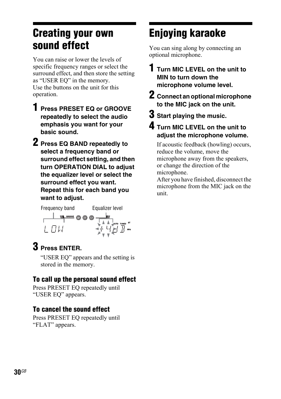 Creating your own sound effect, Enjoying karaoke, Creating your own sound | Effect | Sony 3-287-077-14(2) User Manual | Page 30 / 48