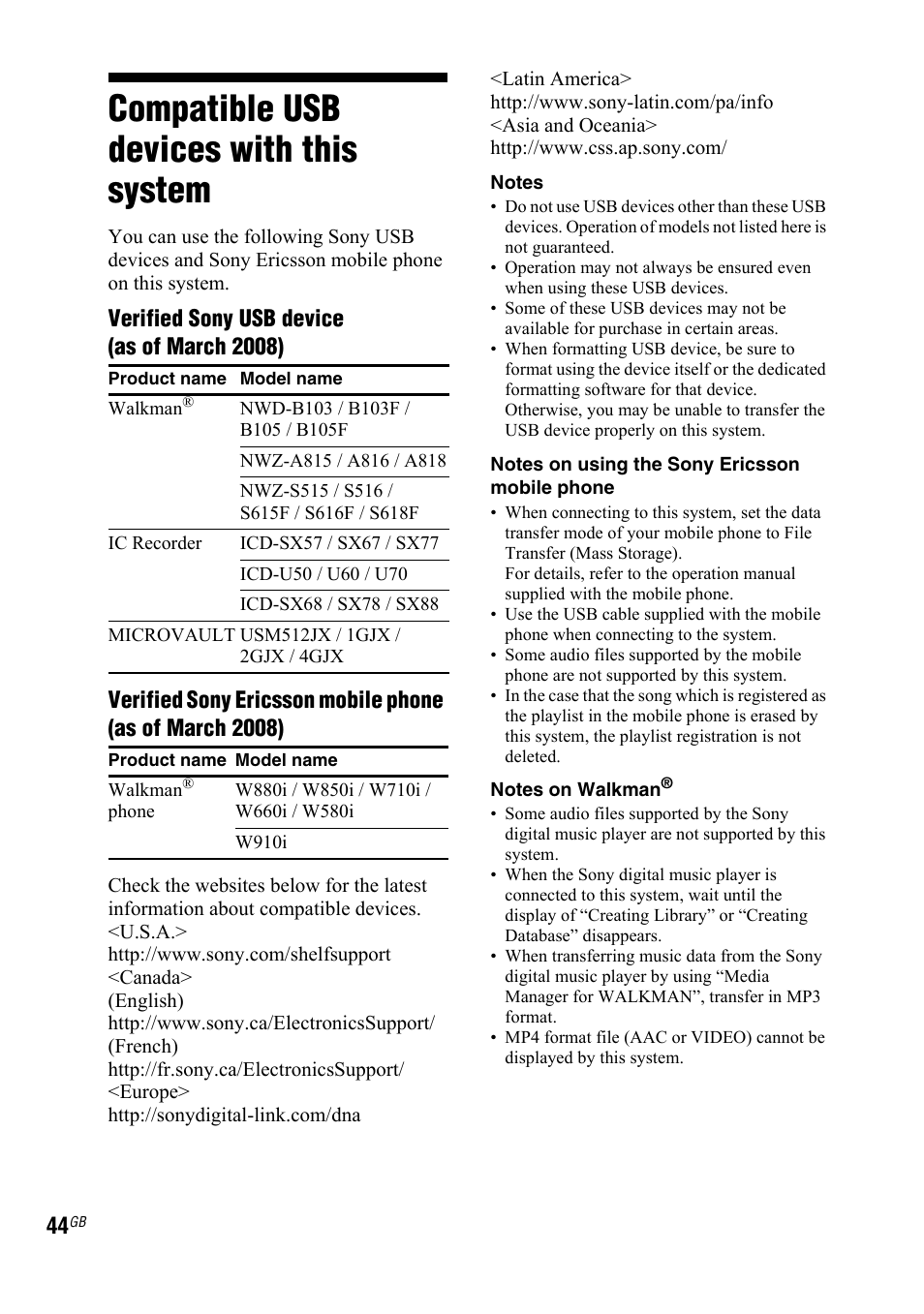 Compatible usb devices with this system | Sony 3-287-077-14(2) User Manual | Page 44 / 48